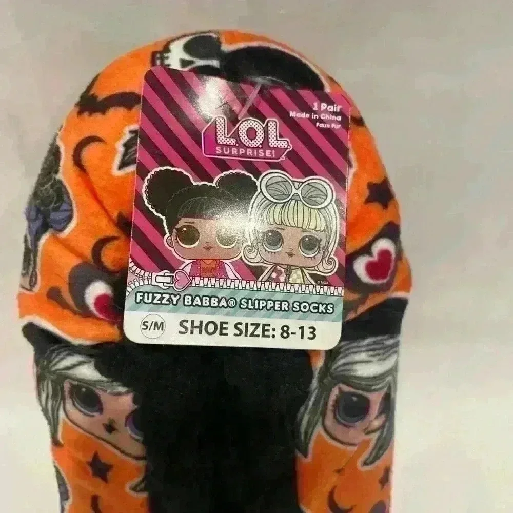 LOL‎ Surprise Fuzzy Babba Slipper Socks Orange Halloween Kids Shoe Size 8-13 S/M
